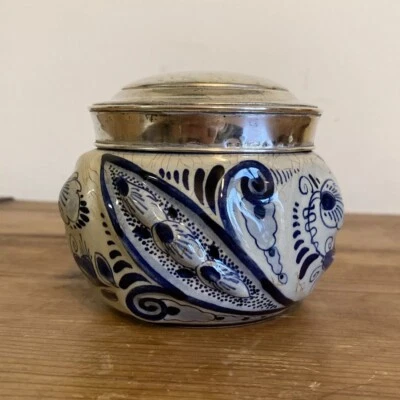 Antique Dutch Delft 830 Silver Mounted & Lid Blue & White Pottery Sugar Bowl - Image 1 of 4