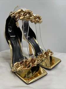 Versace Women's Gold Patent Leather Medusa Chain Ankle Strap Sandals EU Size 39 - Picture 1 of 14