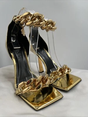 Sandalias Versace para mujer charol dorado cadena Medusa correa al tobillo talla UE 39 Foto 1 de 4