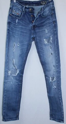 Jeans Diesel Thavar 30x30 slim azul magro denim desgastado botão para cima Itália - Imagem 1 de 4