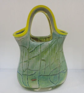 Basket Vase Sabina Rymanow Poland Art Glass Sculptural Collectible Green Yellow - Picture 1 of 6