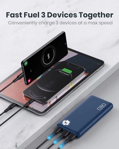 Banque d'alimentation USB-C Slim 10000mAh avec 3 sorties et lampe de poche - Bleu - Photo 1 sur 7