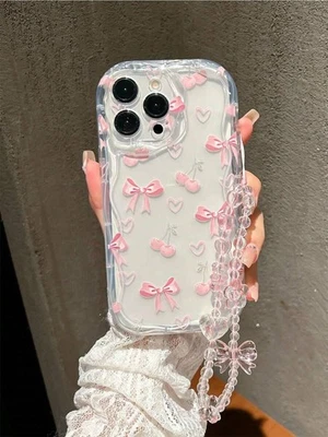 STYLE EXRPESS Clear Phone Case Pink Bows Cherries Beaded Charm For iPhone 17 16 15 14 13 12 11