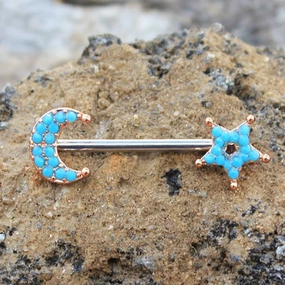 PAIR of Rose Gold Plated Turquoise Bead Moon & Star Nipple Bar - Image 1 of 3