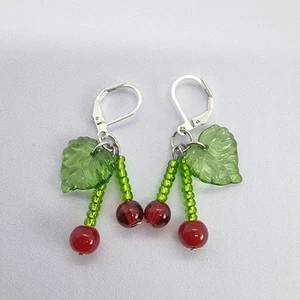 925 Cherry Drop Leverback Earrings Dangle Handmade Womens Silver Plated Fruit - Picture 1 of 6