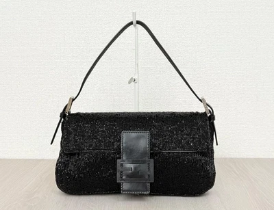 Auténtico bolso de mano FENDI Mamma Baguette cuentas cuero negro 9,84 x 4,72 pulgadas 26424 Foto 1 de 4