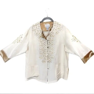 Gold Silk Embroidered Jacket Linea Women's Cream Beaded Long Sleeve Size Medium - Picture 1 of 11