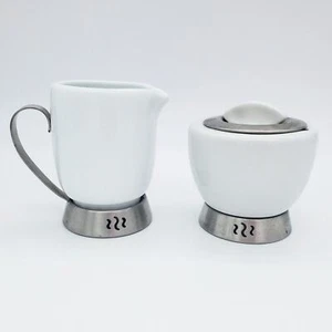 Trudeau Bianca White Porcelain Sugar and Creamer Set Stainless Steel Base 4" - Picture 1 of 8