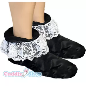 Kuschelige schwarze Satin-Rüschen-Booties in Erwachsenengröße Spitze - Bild 1 von 1