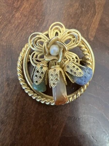 VINTAGE Flower GOLD TONE Pearl CIRCLE W Stones BROOCH 1.5” - Picture 1 of 2
