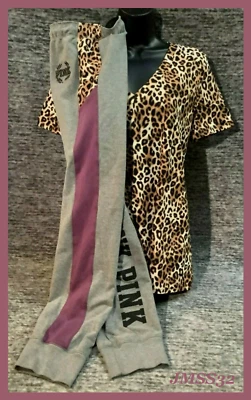 Victoria's Secret 粉色豹 V 领 T 恤 + 健身裤套装灰色紫色 L  — 第 1/4 张图片