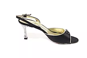 MANOLO BLAHNIK Black Satin Slingback Silver Piping Rhinestones Heels Sz EU 36.5 - Picture 1 of 11
