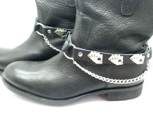 Dead Men's Hand Motorcycle Black Leather Biker Boot Straps Chain Women's - Picture 1 of 4