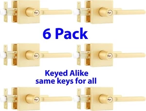 6 Pack Keyed Alike Entry Door Handles with Lock Gold Door Lever Set Outdoor - Picture 1 of 8