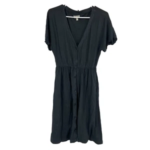 Pact Organic Women M Portside Dress Linen Blend Black Button Front Short Sleeve - Picture 1 of 10
