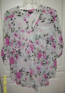 Torrid SZ 2 BUST 50" Blouse Ivory & Pink Floral Chiffon Hi Low Roll Tab Sleeves - Picture 1 of 6
