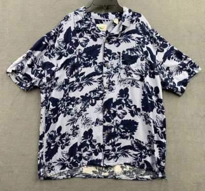 Camisa Good Life Manga Corta Abotonada 2XL Azul Floral 100% Seda Bolsillo en el Pecho Foto 1 de 4