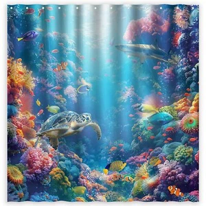 Under The Sea Shower Curtain for Bathroom Underwater Ocean Fish Tropical Turt... - Picture 1 of 6