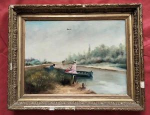 Superbe école Française fin XIX e siècle " élégante dans une barque " - Picture 1 of 5