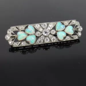 Antique Art Deco 2.50ct Old Mine Cut Diamond & Heart Opal Platinum Flower Pin - Picture 1 of 11