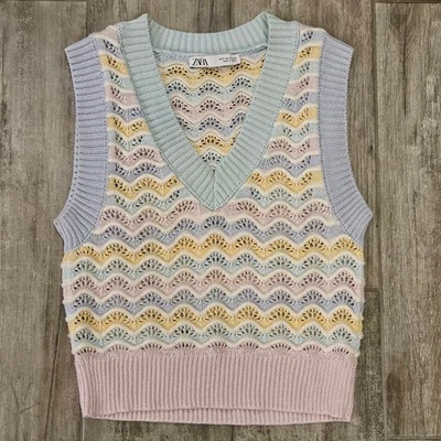 Chaleco Suéter Zara Mujer S Crochet Bordado Tejido Sin Mangas Pastel Rayas  Foto 1 de 4