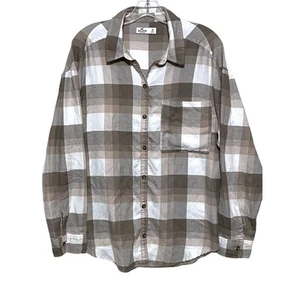 Hollister Button Down Shirt Tan Cream Checks Mens Medium Viscose Polyester - Picture 1 of 6