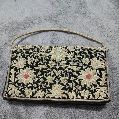 Vintage Zardozi Black Velvet Purse Clutch  Silver Metal Embroidery Birds - Image 1 of 4