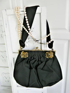 Very Rare~Vintage Victorian Black Handbag Purse with attached Ormolu Gold Roses - Picture 1 of 7