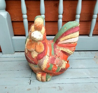 Vintage painted concrete composite stone garden statue chicken rooster 10.5" - Image 1 of 4