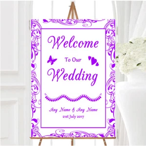 White Purple Swirl Deco Personalised Any Wording Welcome To Our Wedding Sign - Picture 1 of 1