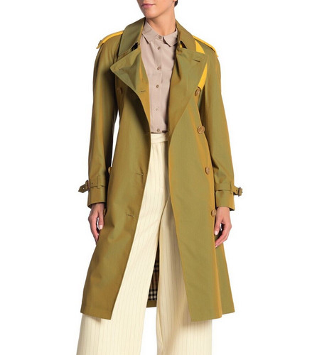 Trench coat doppiopetto Burberry nuovo con etichette in maglia a contrasto VERDE OCRA US2 $2890