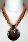 Black and Orange Wood Bead Shell Disc Statement Necklace Boho Retro Ethnic