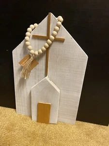 White Rustic Homemade Church Approximately 18.5”X 12” Gold Cross/Door, 3 D - Picture 1 of 15