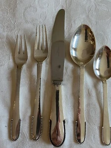 GEORG JENSEN BEADED STERLING SILVER 5 PIECE SET FLATWARE - Picture 1 of 10