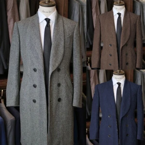 Vintage Men's Long Overcoat Tweed Herringbone Suit Double Breasted Outdoor Wear - Picture 1 of 16