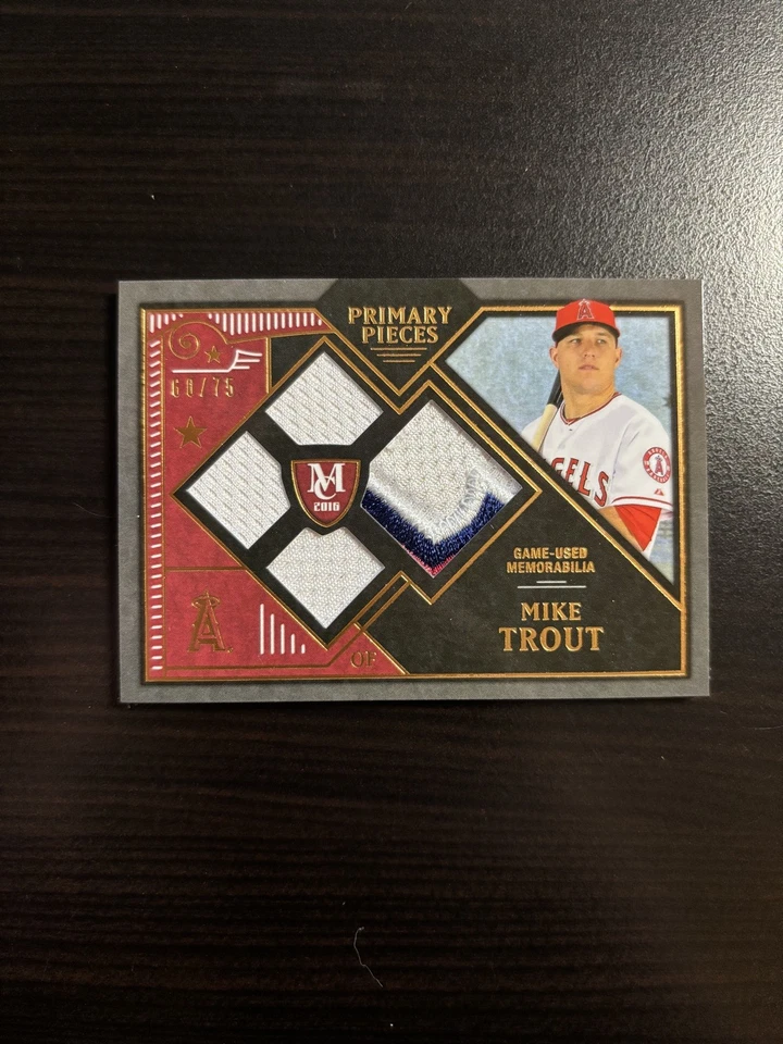 2016 Museum Collection Mike Trout /75 Primary Pieces Game Used LETTER Quad Patch - Image 1 of 2