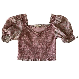 Love Shack Fancy Tilly Cropped Floral-print Cotton-voile Smocked Top Pink Sz S - Picture 1 of 10