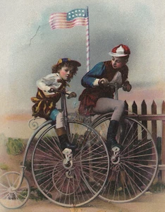 Victorian Bicycle Race Trade Card Tulip Soap High Wheel Penny Farthing 6.5 x 4 - Imagen 1 de 5