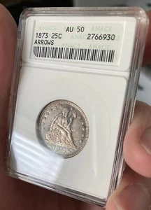 Toned 1873 AU50 Seated Liberty Quarter With Arrows Anacs Soap box 25c Rare Toner - Picture 1 of 13