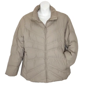 LL Bean Damen Gänsedaunen gefütterte Jacke Mantel grau beige neutral durchgehender Reißverschluss Taschen - Bild 1 von 18