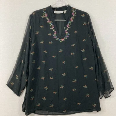 Винтажное платье сарая размер 1 X черный вышитый цветочный 100% шелк туника фестиваль - Изображение 1 из 4