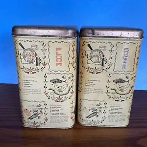 2 Vtg Cheinco Tin Food Storage Canisters Recipe & Food Decor Flour Sugar - Picture 1 of 13