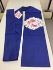 Japanese Vintage Kimono Nagoya Obi Polyester Blue Embroidery Flower 138.5X11.8In