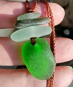 Sea Glass Necklace Man Woman Braid Teen Casual Hawaii Olive Green Seafoam Pastel - Picture 1 of 9