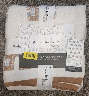 Nicole Miller Twin Size 60"x90" Chenille Blanket Cream Gingerbread House Holiday - Image 1 of 4
