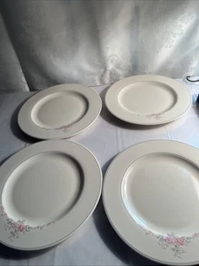 Pfaltzgraff Trousseau Dinner Plates 4 Ivory Gray Band Floral 10 3/8" - Picture 1 of 6