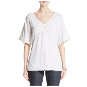 St. John Collection Women’s Sz S White Blouse Top Short Sleeve V-Neck Pom Lace - Picture 1 of 14