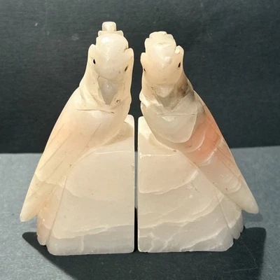 Vintage Italian White Pink Alabaster Parrot Bookends Hand Carved Art Deco AS IS - Image 1 of 4