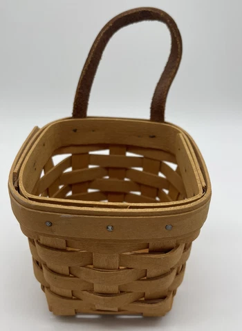 Signed VTG 2000 Longaberger Hanging Basket Leather Strap and Hanger 4" 4x4x4 Cover