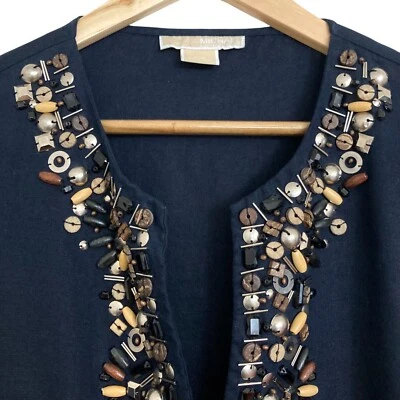 MICHAEL KORS Womens Top Size XL Embellished V-Neck Linen Tunic Black 3/4 Sleeve - Image 1 of 4